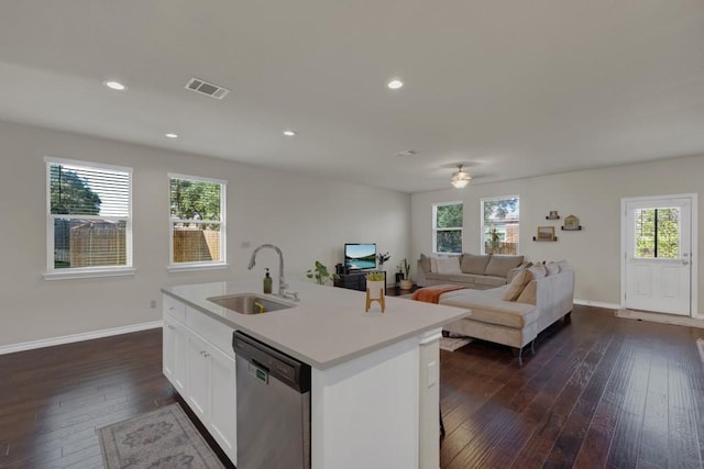 106 Mary Max Cv, San Marcos, TX 78666 - kitchen with a sink, stainless steel dishwasher, dark wood-style floors, plenty of natural light, and recessed lighting