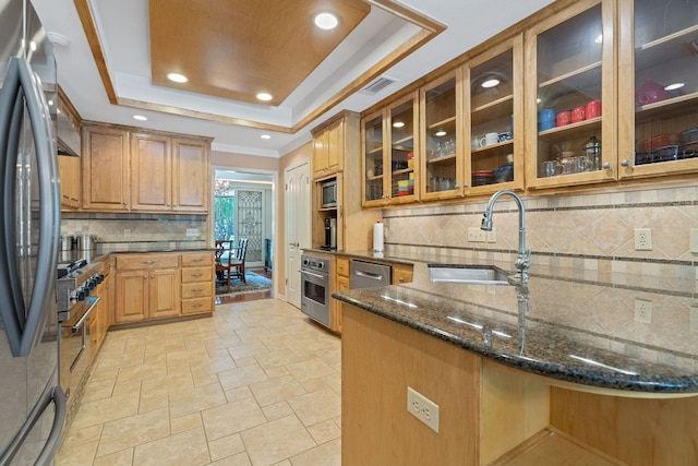 10109 Vaquero Trl, Austin, TX 78759 - kitchen with a sink, stainless steel appliances, dark stone counters, a tray ceiling, and stone tile floors