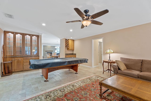 10109 Vaquero Trl, Austin, TX 78759 - rec room featuring billiards table, a ceiling fan, ornamental molding, baseboards, and recessed lighting