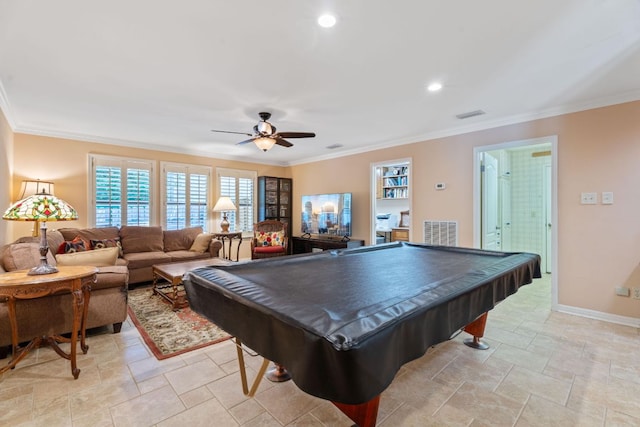 10109 Vaquero Trl, Austin, TX 78759 - game room featuring crown molding, a ceiling fan, baseboards, light stone finish floors, and recessed lighting
