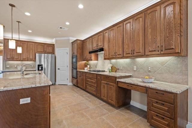 5124 Hidden Springs Trl, Georgetown, TX 78633 - kitchen featuring black appliances, a sink, crown molding, light stone counters, and decorative light fixtures