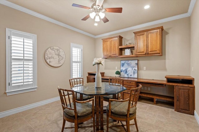 5124 Hidden Springs Trl, Georgetown, TX 78633 - dining space featuring ceiling fan, ornamental molding, baseboards, and light tile patterned flooring