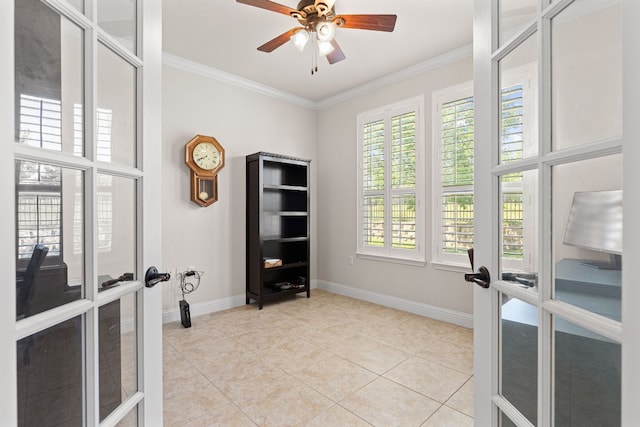 126 Cathedral Mountain Pass, Georgetown, TX 78633 - office featuring french doors, ornamental molding, ceiling fan, baseboards, and light tile patterned floors