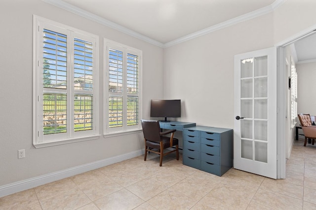 126 Cathedral Mountain Pass, Georgetown, TX 78633 - home office featuring ornamental molding, light tile patterned floors, and baseboards