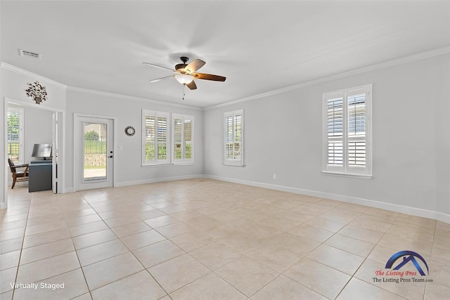 126 Cathedral Mountain Pass, Georgetown, TX 78633 - unfurnished room with crown molding, ceiling fan, light tile patterned flooring, and baseboards