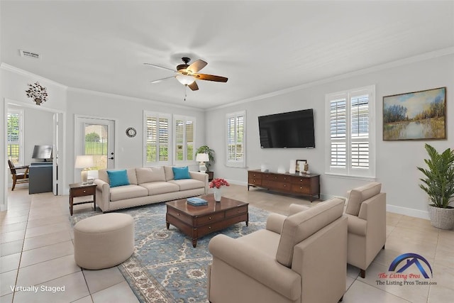 126 Cathedral Mountain Pass, Georgetown, TX 78633 - living area with a ceiling fan, ornamental molding, light tile patterned floors, and baseboards