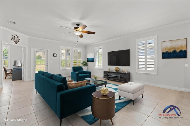 126 Cathedral Mountain Pass, Georgetown, TX 78633 - living area featuring crown molding, light tile patterned floors, ceiling fan, and baseboards