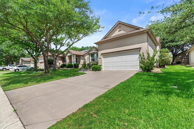 409 Rio Grande Loop, Georgetown, TX 78633 - ranch-style house with stucco siding, a garage, a front yard, and driveway