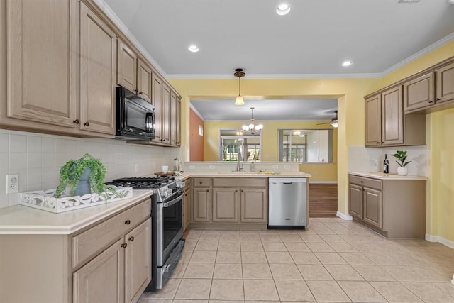 409 Rio Grande Loop, Georgetown, TX 78633 - kitchen with appliances with stainless steel finishes, a peninsula, decorative backsplash, light tile patterned floors, and crown molding