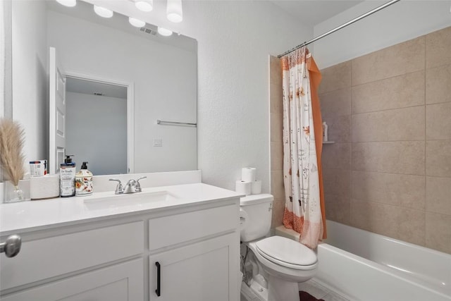 full bathroom with toilet, vanity, and shower / bathtub combination with curtain