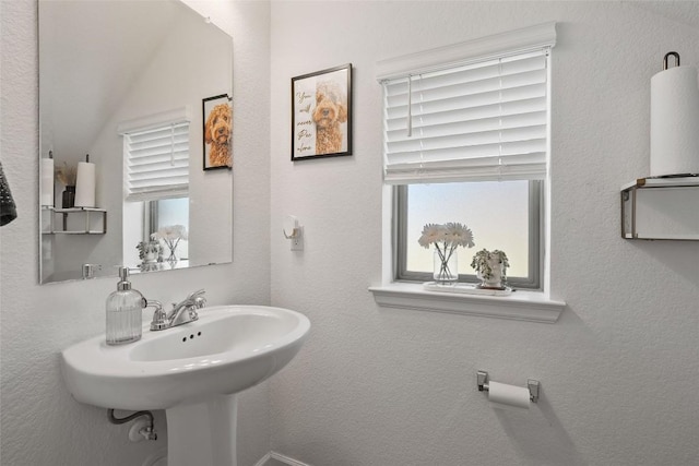 bathroom with plenty of natural light and lofted ceiling