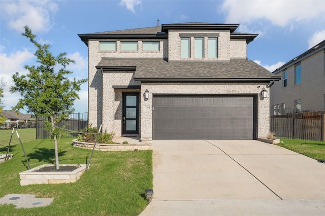 view of front of house with a garage, concrete driveway, brick siding, and roof with shingles
