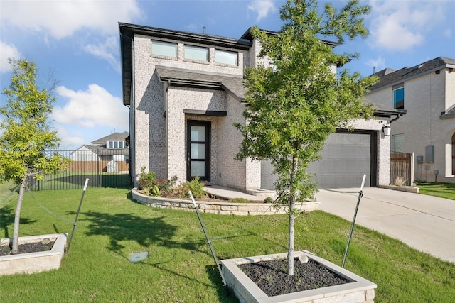 view of front of property with concrete driveway, an attached garage, a vegetable garden, and brick siding