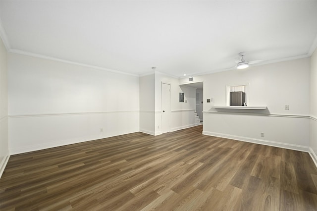 2122 Hancock Dr Unit 103, Austin, TX 78756 - unfurnished living room with ornamental molding, a ceiling fan, wood finished floors, and baseboards