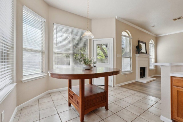 8400 Fern Bluff Ave, Round Rock, TX 78681 - dining area featuring healthy amount of natural light, light tile patterned floors, ornamental molding, and a fireplace with raised hearth
