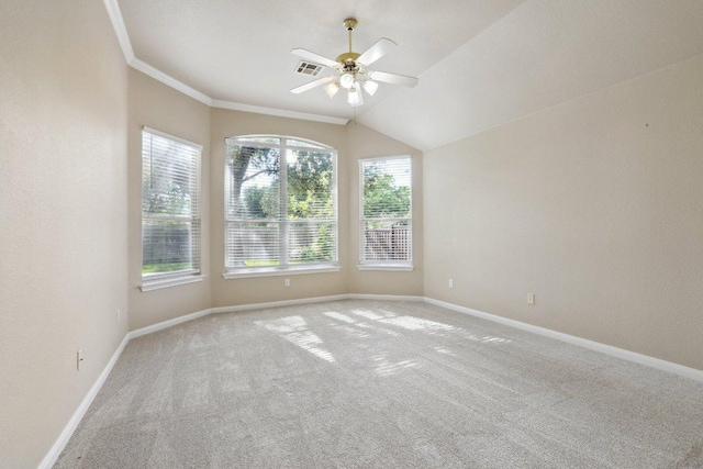 8400 Fern Bluff Ave, Round Rock, TX 78681 - empty room with a ceiling fan, carpet flooring, baseboards, crown molding, and vaulted ceiling