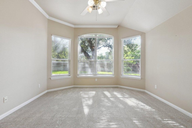 unfurnished room featuring carpet floors, ceiling fan, baseboards, and crown molding