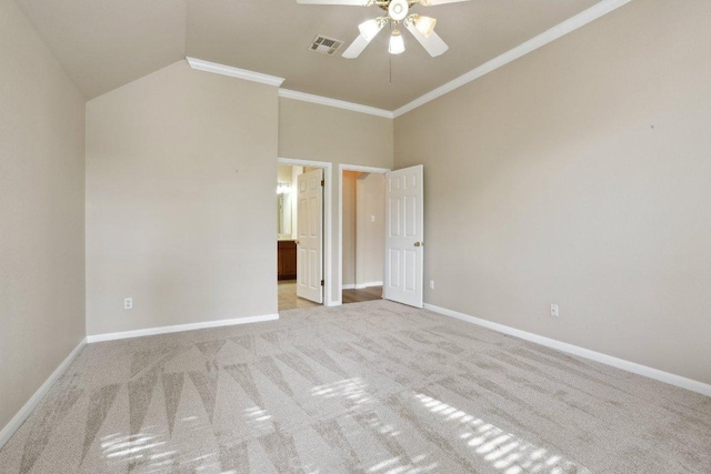 8400 Fern Bluff Ave, Round Rock, TX 78681 - unfurnished bedroom featuring light carpet, baseboards, ornamental molding, lofted ceiling, and ensuite bath