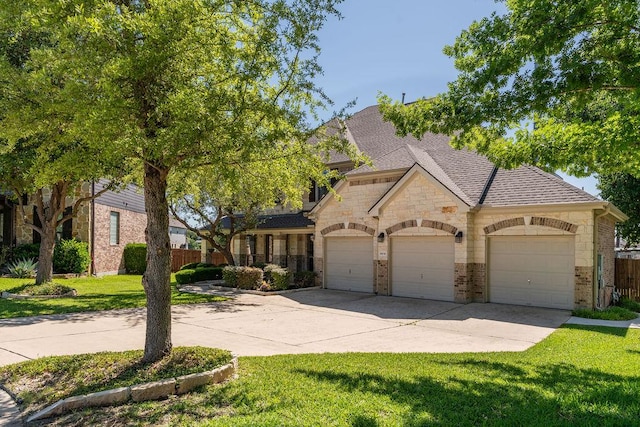 french country inspired facade featuring brick siding, driveway, a garage, stone siding, and roof with shingles