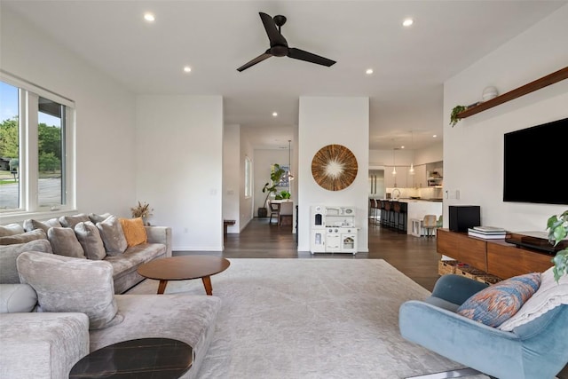 2500 Cedarview Dr, Austin, TX 78704 - living area with wood finished floors, a ceiling fan, and recessed lighting