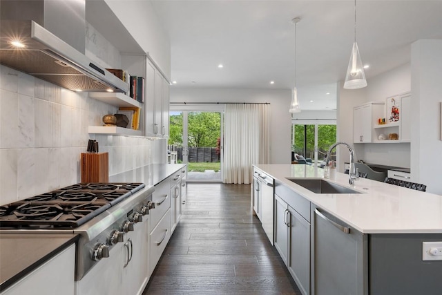 2500 Cedarview Dr, Austin, TX 78704 - kitchen featuring open shelves, appliances with stainless steel finishes, range hood, dark wood finished floors, and recessed lighting