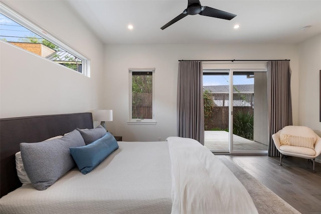 2500 Cedarview Dr, Austin, TX 78704 - bedroom with access to outside, wood finished floors, multiple windows, recessed lighting, and a ceiling fan