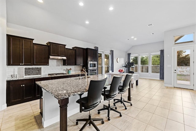 107 Orange Mimosa Ln, Leander, TX 78641 - kitchen with stainless steel appliances, under cabinet range hood, a kitchen bar, tasteful backsplash, and vaulted ceiling