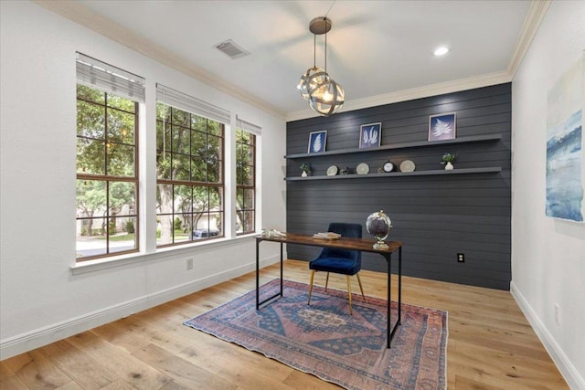 3313 Oxsheer Dr, Austin, TX 78732 - home office featuring ornamental molding, baseboards, wood finished floors, and a chandelier