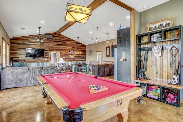 603 Watterson Rd Unit B, Bastrop, TX 78602 - playroom with concrete floors, wood walls, ceiling fan, billiards table, and high vaulted ceiling