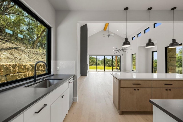 kitchen with a sink, healthy amount of natural light, ceiling fan, light wood-style floors, and high vaulted ceiling