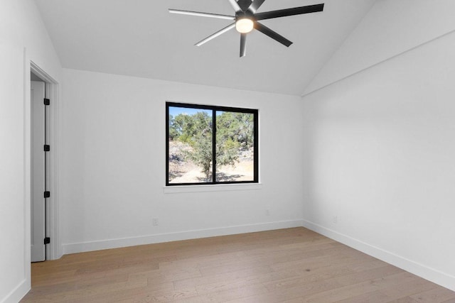 19634 Thurman Bend Rd, Spicewood, TX 78669 - empty room featuring lofted ceiling, ceiling fan, and light wood-type flooring