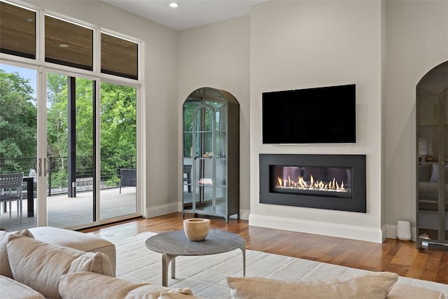 302 Bent Tree Ct, West Lake Hills, TX 78746 - living room with arched walkways, a glass covered fireplace, wood finished floors, baseboards, and recessed lighting