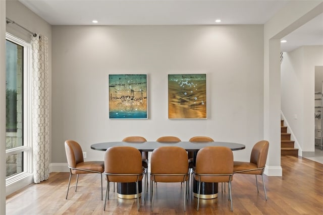 302 Bent Tree Ct, West Lake Hills, TX 78746 - dining room featuring wood finished floors, recessed lighting, stairs, and baseboards