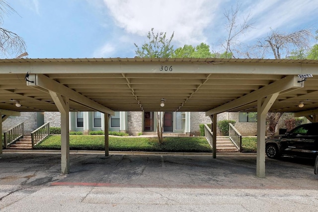 covered parking lot with stairway