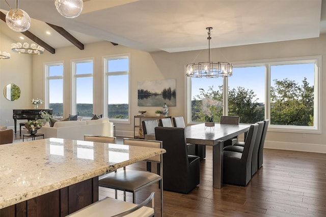 308 Duckhorn Pass, Austin, TX 78738 - dining space featuring a chandelier, baseboards, dark wood-type flooring, beam ceiling, and recessed lighting