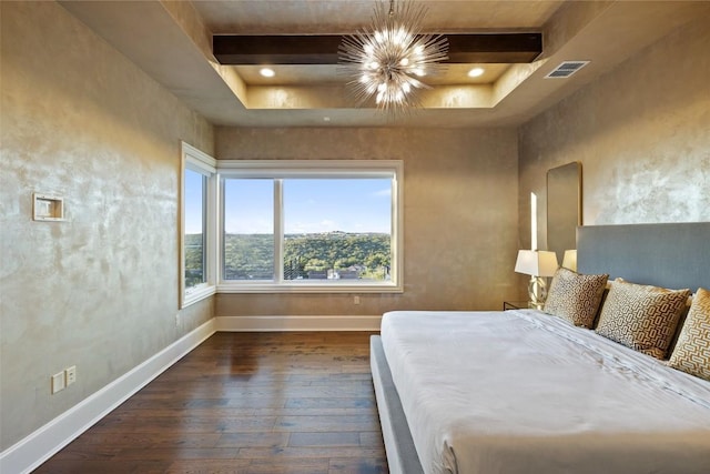308 Duckhorn Pass, Austin, TX 78738 - bedroom featuring hardwood / wood-style flooring, a chandelier, baseboards, and a tray ceiling