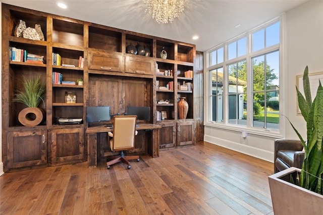 308 Duckhorn Pass, Austin, TX 78738 - office area with baseboards, wood-type flooring, a chandelier, and recessed lighting