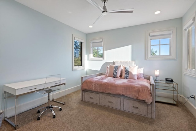308 Duckhorn Pass, Austin, TX 78738 - carpeted bedroom with multiple windows, baseboards, recessed lighting, and a ceiling fan