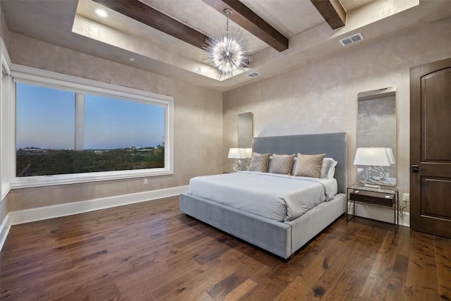 308 Duckhorn Pass, Austin, TX 78738 - bedroom featuring wood finished floors, baseboards, beam ceiling, and a chandelier