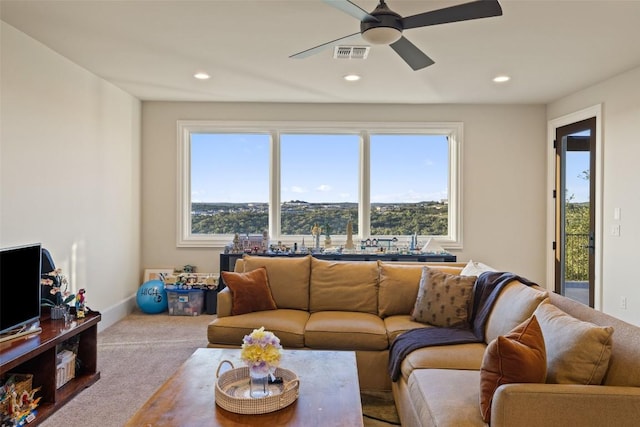 308 Duckhorn Pass, Austin, TX 78738 - living area featuring a ceiling fan, carpet floors, plenty of natural light, and recessed lighting