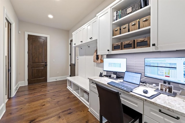 308 Duckhorn Pass, Austin, TX 78738 - home office featuring built in desk, dark wood-type flooring, recessed lighting, and baseboards