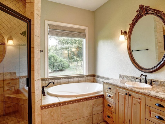 123 County Rd, Paige, TX 78659 - bathroom with healthy amount of natural light, a garden tub, vanity, and a shower stall