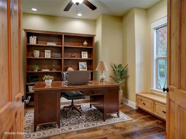 123 County Rd, Paige, TX 78659 - office featuring a ceiling fan, dark wood finished floors, and baseboards