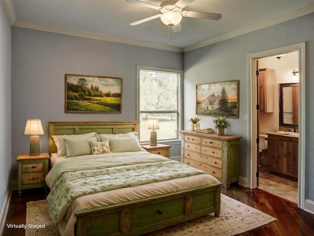 123 County Rd, Paige, TX 78659 - bedroom featuring dark wood-style floors, ornamental molding, baseboards, connected bathroom, and a ceiling fan