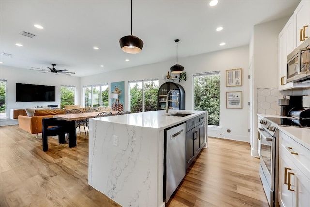 8603 Big Horn Cir, Lago Vista, TX 78645 - kitchen featuring appliances with stainless steel finishes, plenty of natural light, recessed lighting, tasteful backsplash, and light wood-style floors