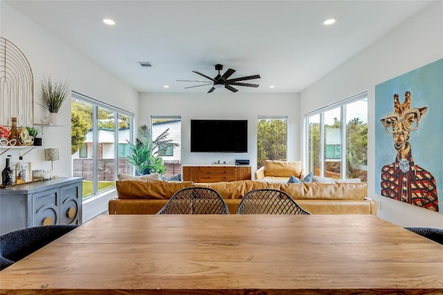 8603 Big Horn Cir, Lago Vista, TX 78645 - dining space featuring a ceiling fan and recessed lighting