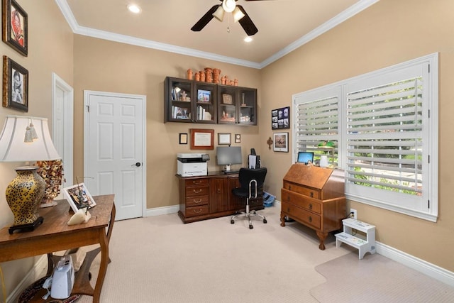 9201 Silver Pine Cv, Austin, TX 78733 - office area featuring a ceiling fan, crown molding, baseboards, light carpet, and recessed lighting