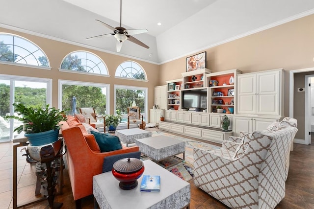 9201 Silver Pine Cv, Austin, TX 78733 - living area featuring high vaulted ceiling, ceiling fan, and ornamental molding