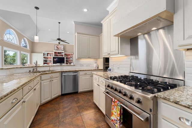 9201 Silver Pine Cv, Austin, TX 78733 - kitchen with stainless steel appliances, a sink, decorative backsplash, a ceiling fan, and ornamental molding