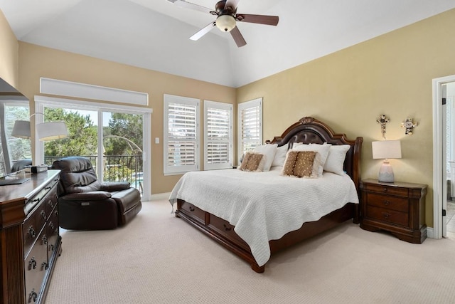 9201 Silver Pine Cv, Austin, TX 78733 - bedroom with access to outside, light colored carpet, baseboards, lofted ceiling, and a ceiling fan